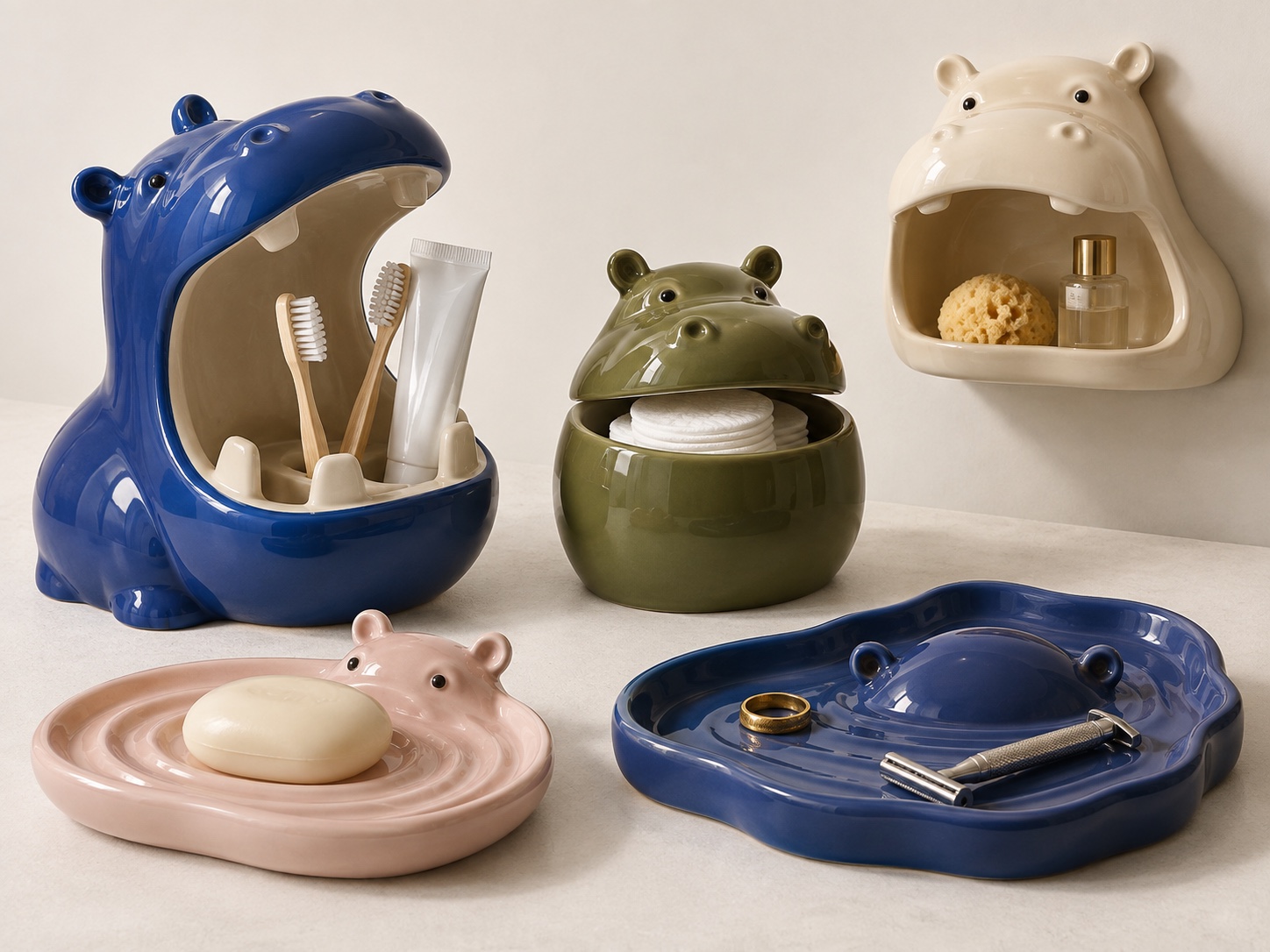 Coordinated ceramic bathroom organisers, soap dishes and vanity trays