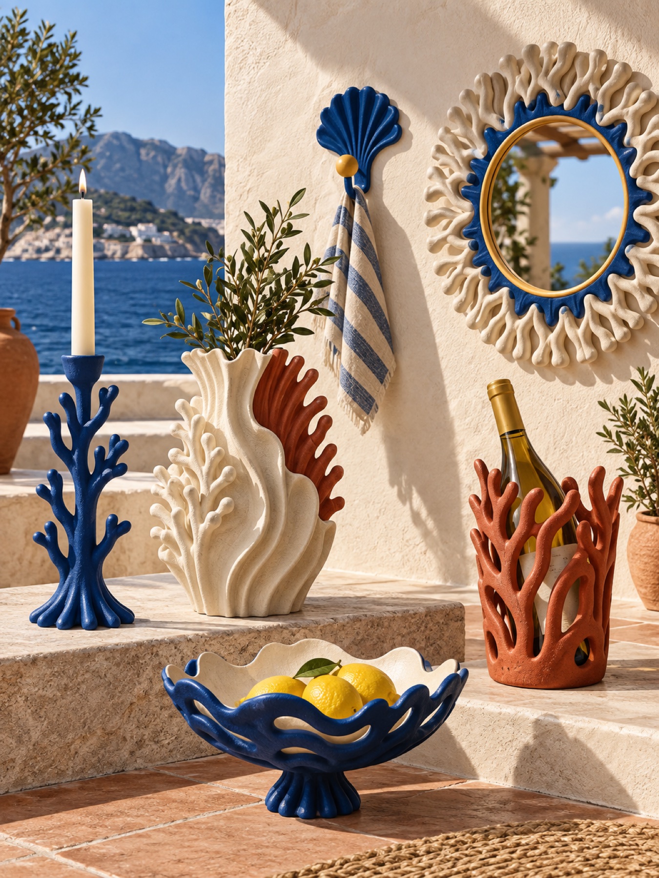 Coordinated sculptural home décor collection with mirror, tabletop accessories and storage