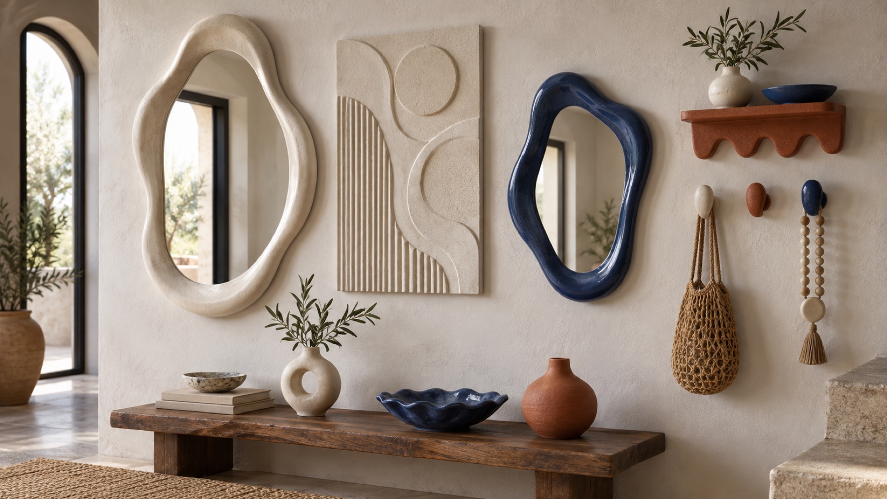 Sculptural mirrors, wall relief and decorative hooks