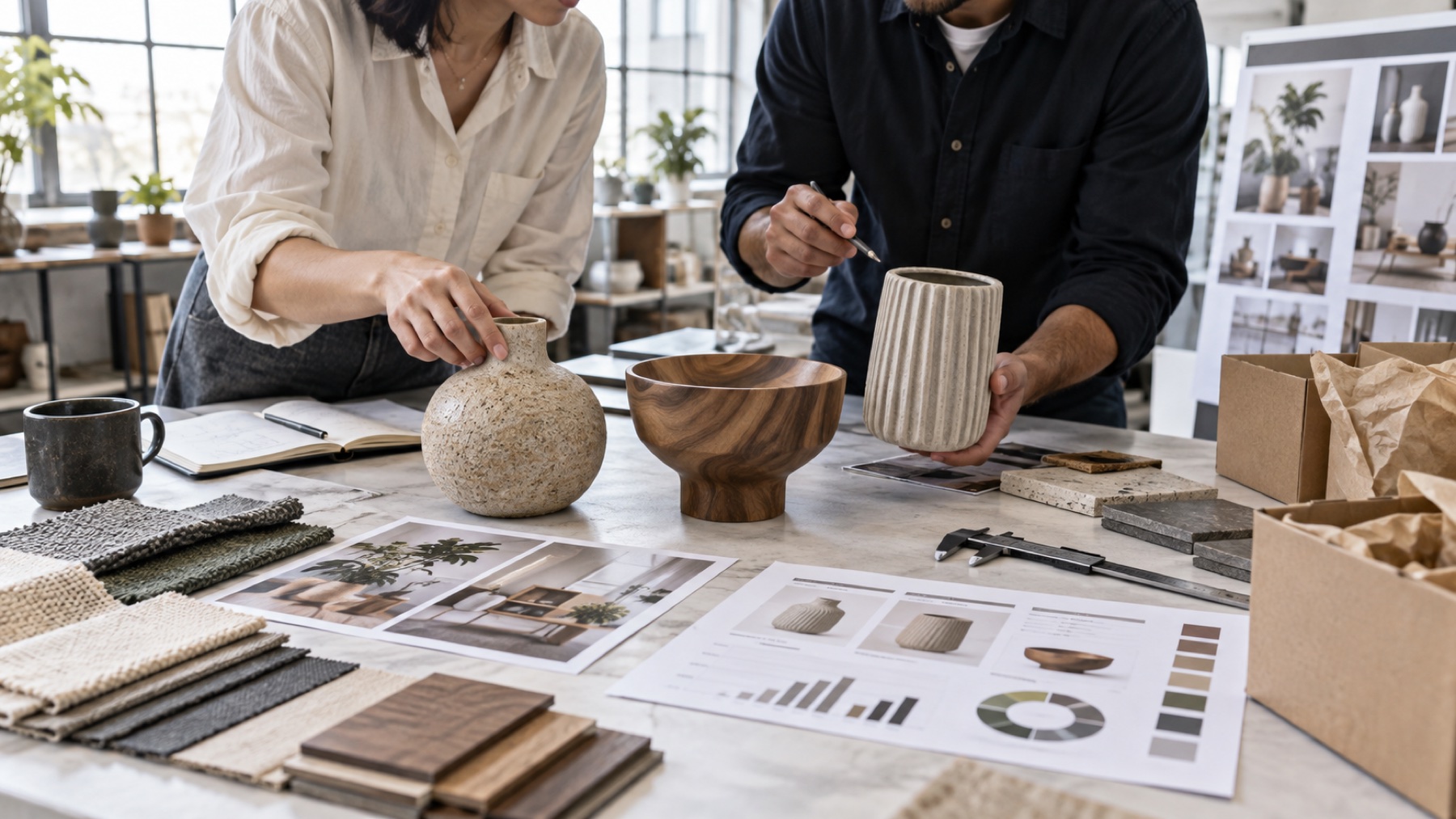Illustrative buyer and product developer reviewing prototypes, materials and product data