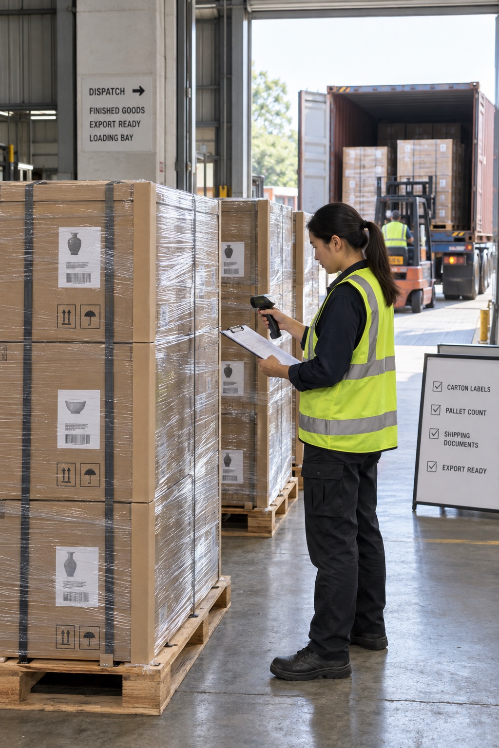 Export coordinator verifying labelled cartons and pallets before container loading