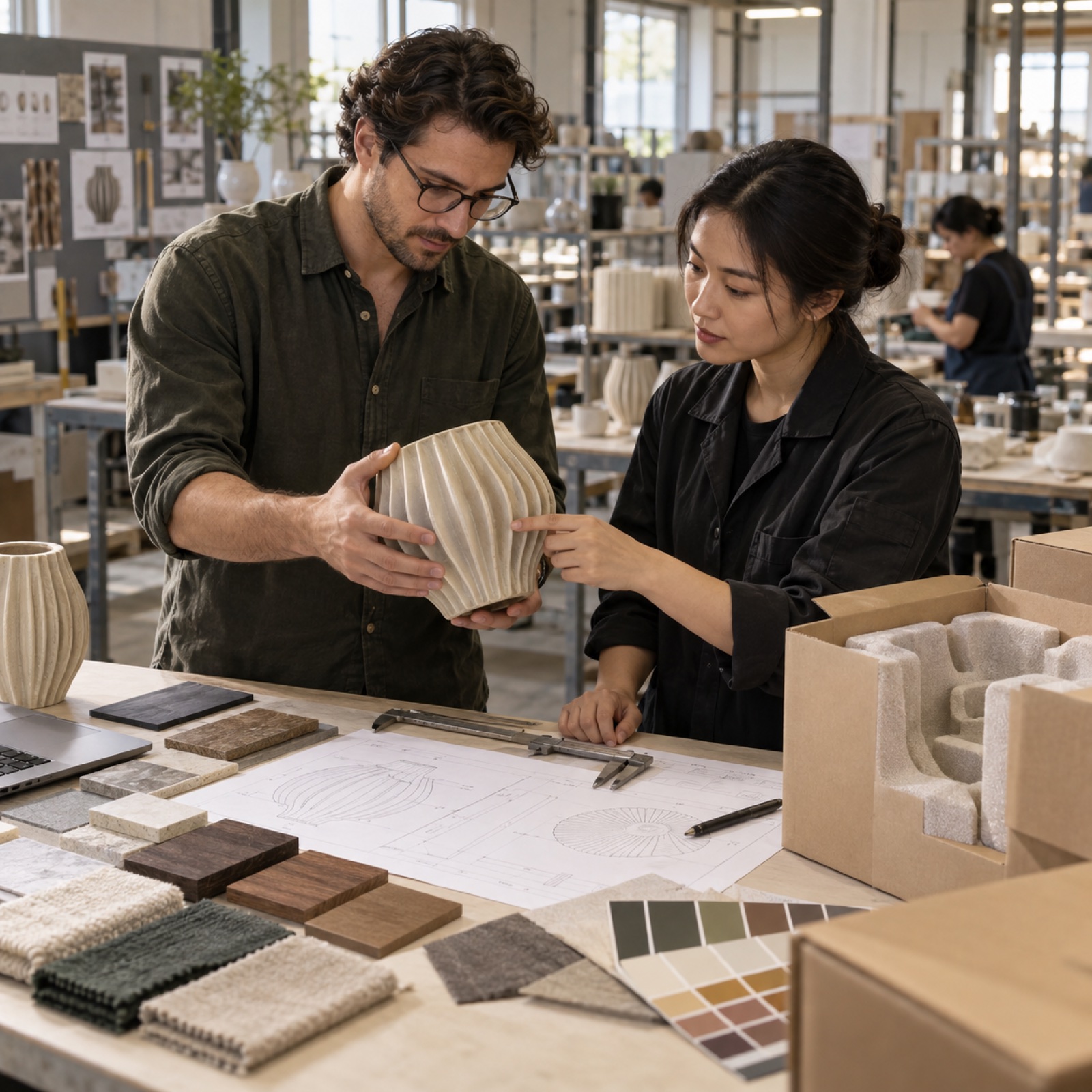 Illustrative buyer and factory specialist reviewing a product sample, materials and packaging