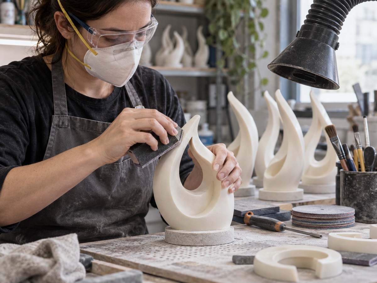 Worker sanding a decorative object before finishing