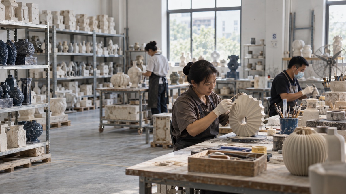 Illustrative decorative ceramics and resin workshop with craftspeople finishing products