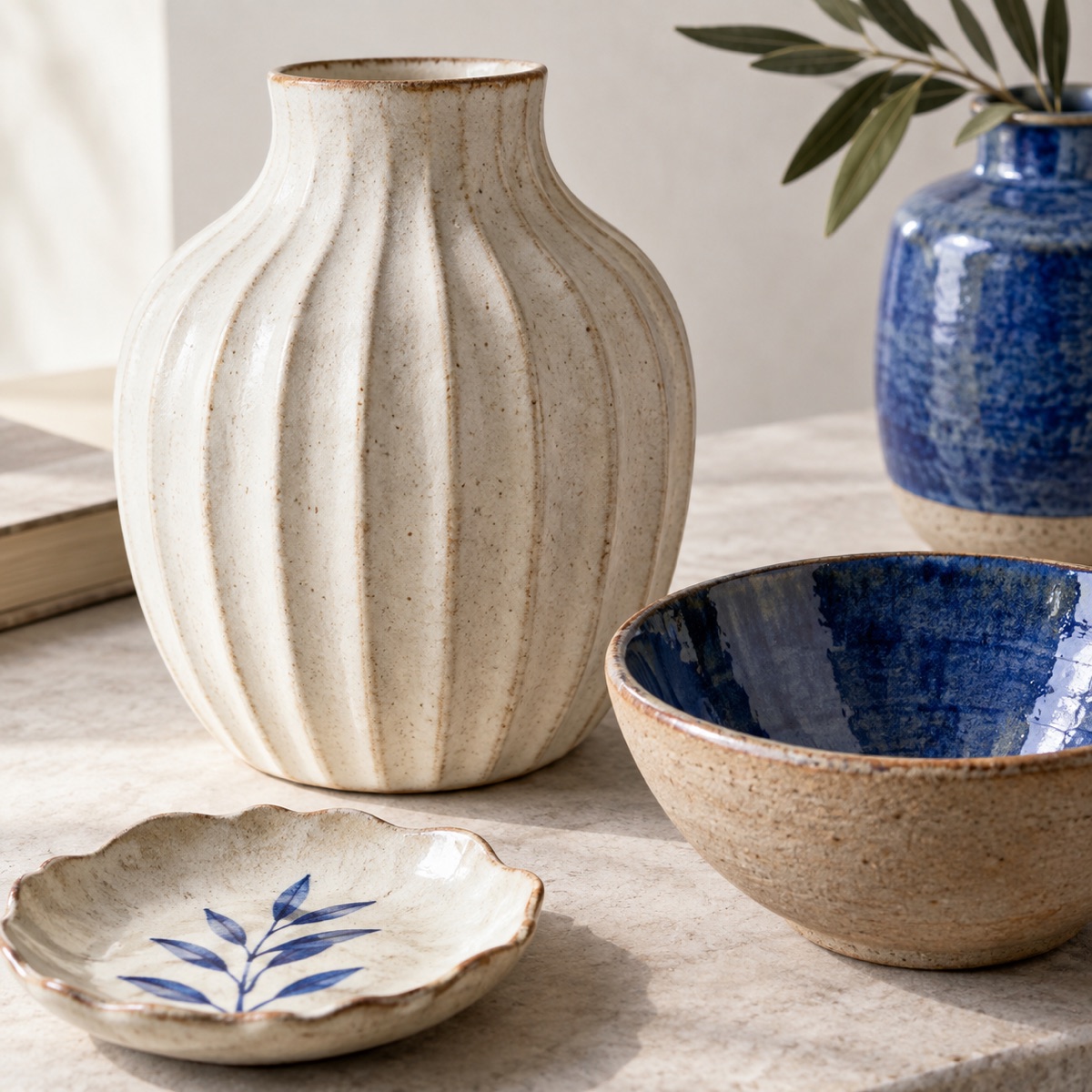 Ceramic forms showing matte, glazed and hand-detailed finishes