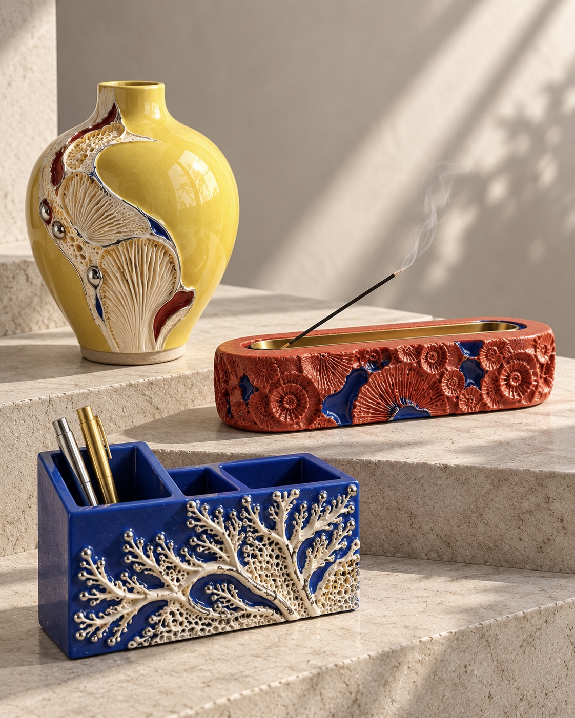 Colourful ceramic vase, incense holder and desktop organiser