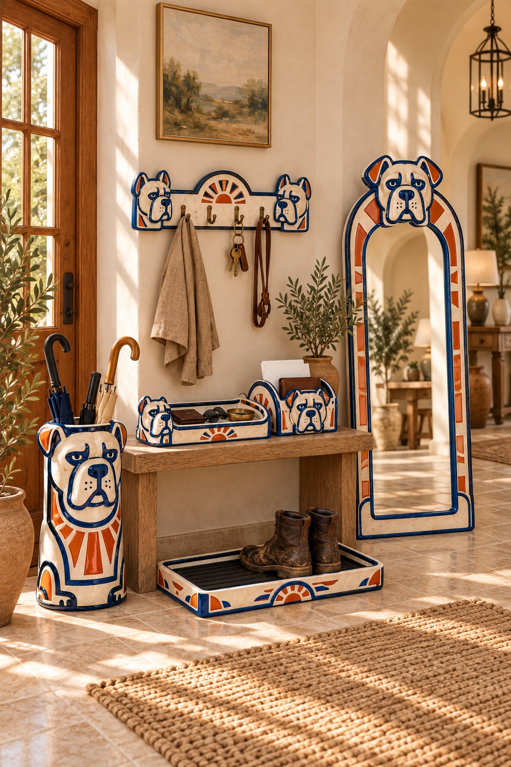 Coordinated bulldog ceramic mirror, hooks, trays and umbrella stand