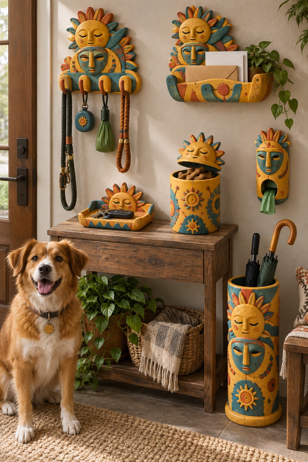 Sun and mask themed pet-friendly entryway organisers