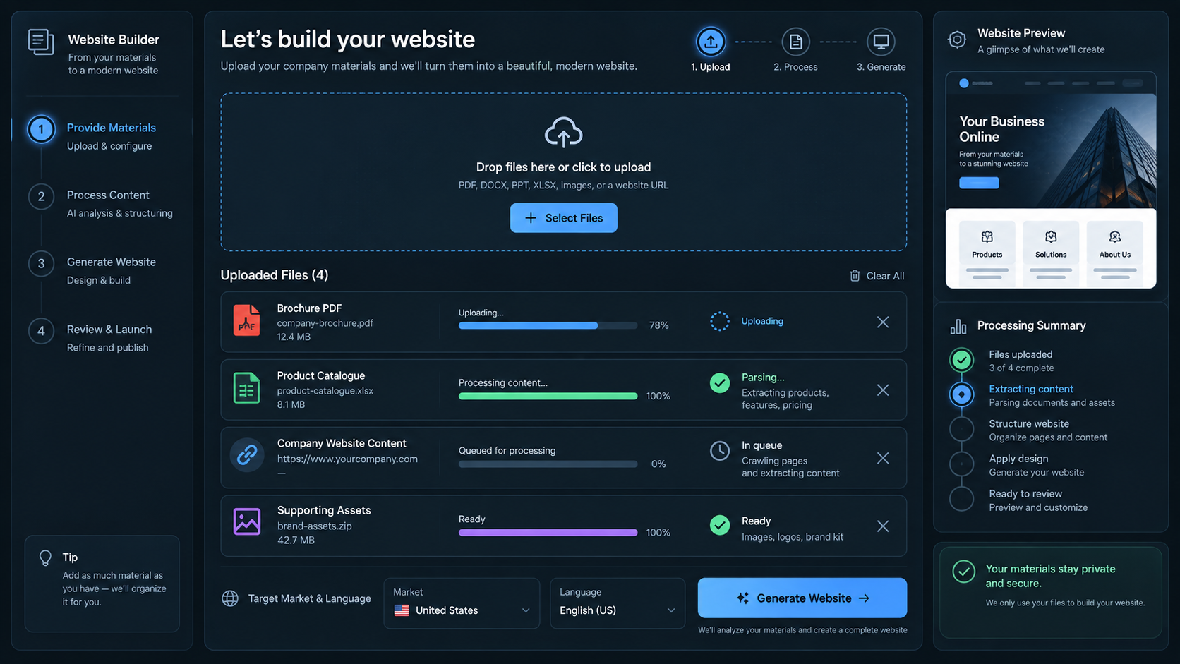 From company materials to a buyer-facing website. Illustrative interface with sample data.